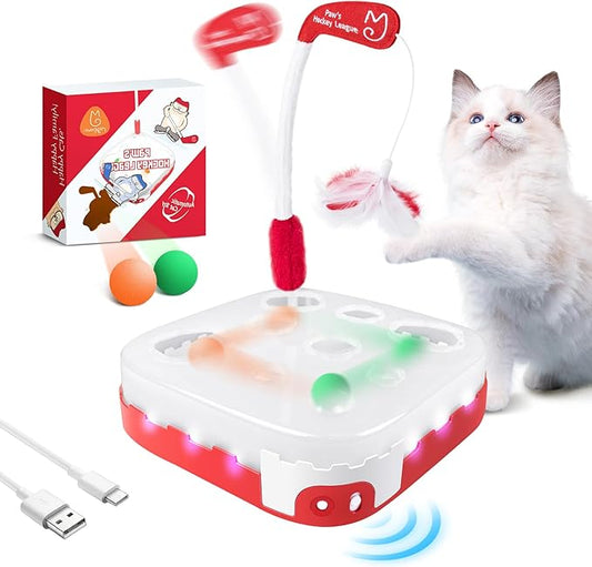 Migipaws 5-in-1 Interactive Cat Toy,Motion Activated Indoor Playset with Automatic Pop Bounce Cat Ball,Detachable Feather Wand, Rechargeable