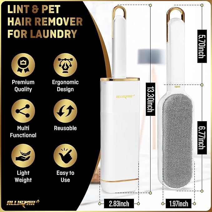 Lint Brush, Pet Hair Remover, Lint Remover for Clothes, Sofa, Carpets, Car Seats. Cat Hair Remover. Dog Hair Remover Laundry. Double-Sided. Reusable. Self-Cleaning Base. ALLISTAR (Snow Peak White)