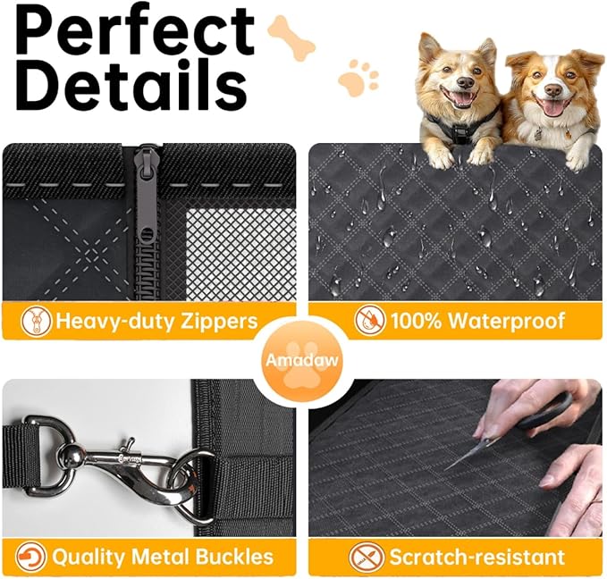 Dog Car Seat Cover for Back Seat Hard Bottom, [Powerful Holds 450 Ibs] [Space+50%] 600D Waterproof Non-Slip Car Hammock, Back Seat Extender Dogs, Sedans/SUVs/Trucks, Standard, Black