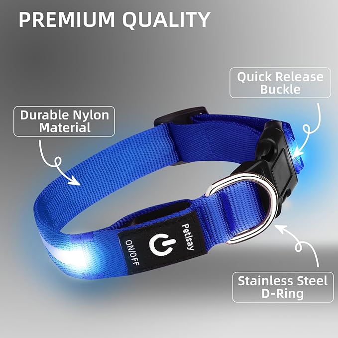 Super Bright LED Dog Collar - Fully Waterproof & Adjustable Glow Collar - USB-C Rechargeable for Night Walking, Safety - Flashing Lighted Collar for Dogs(Blue,Small)