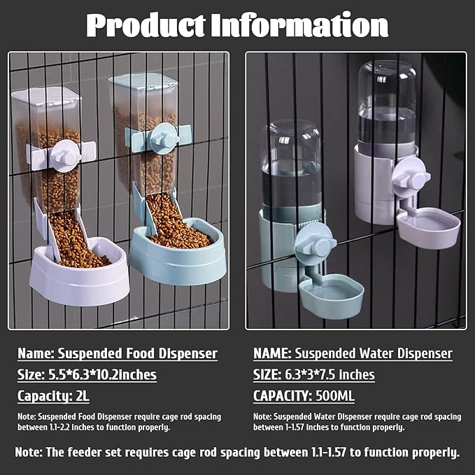 kathson Rabbit Food Water Dispenser Pet Cage Automatic Feeder 2L Food Dispenser 17oz Waterer Small Animal Hanging Bottle Bowl Set for Rabbit Cat Small Dog Ferret Puppy
