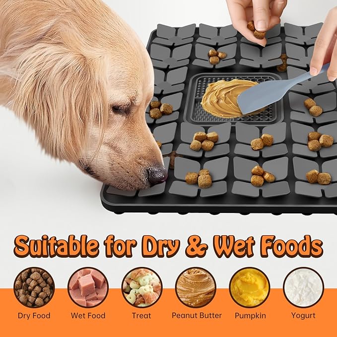 Lick Snuffle Mat for Dogs & Cats with Suction Cups, 2 in 1 Silicone Pet Food Mats Interactive Slow Feeder Licking Toy for Anxiety Relief, Upgraded Lick Mats for All Breeds (Grey, 16.7in x 11.4in)