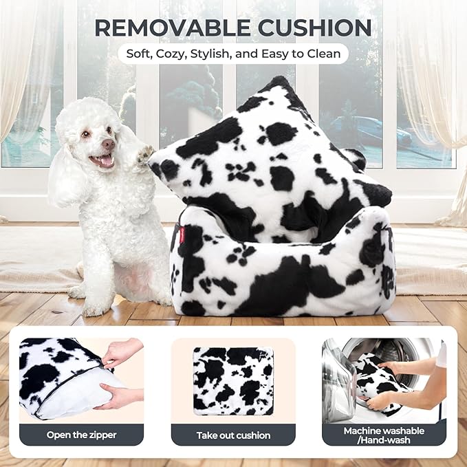 BurgeonNest Dog Car Seat for Small Dogs, Detachable and Washable Cat Carseats Under 25 lbs, Soft Pet Booster Seats with Storage Pockets and Clip-On Leash Portable Car Travel Carrier Bed, Milk Cow