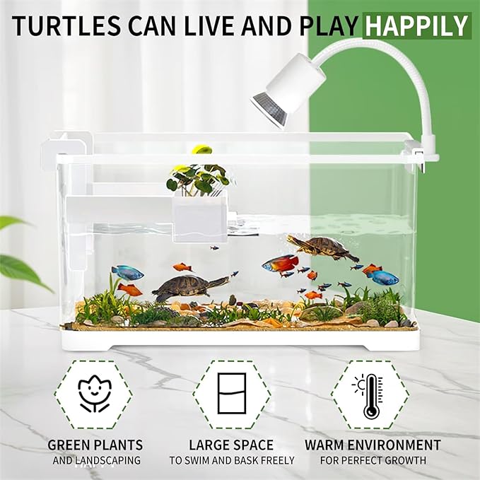(Tank + Light + Filter + Filter Balls) Turtle Tank Kit, Turtle Tank Starter Kit,Bottom Drainage, Multi-Function Areas for Turtles, Crabs,Fishes, Amphibians,Reptiles. (15.75 x 8.64 x 8.64 Inch)
