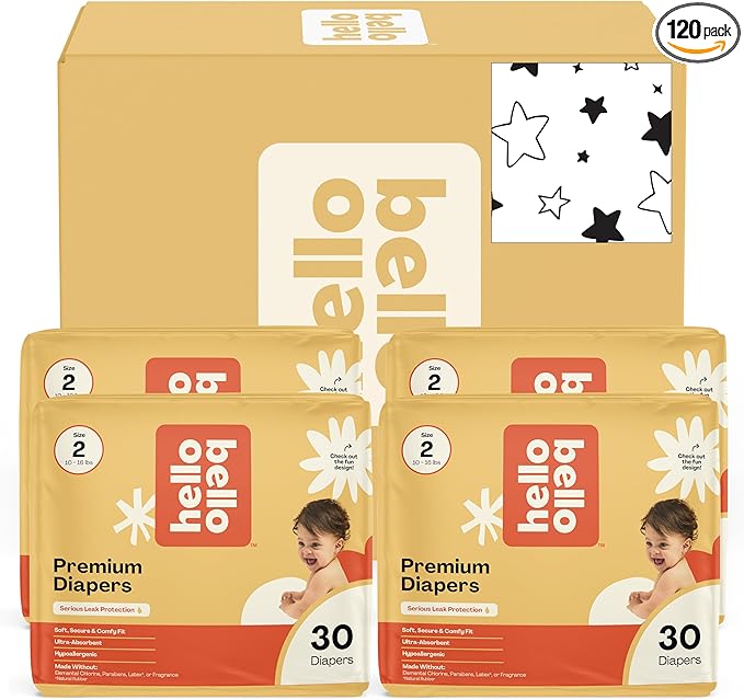 Hello Bello Diapers, Size 2 (10-16 lbs) Superstars - 120 Count Value Pack of Premium Disposable Baby Diapers, Hypoallergenic with Soft, Cloth-Like Feel