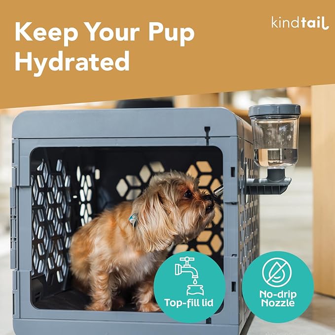 KindTail Pawdle - No-Drip Dog Crate Water Bottle - Top-Fill Pet Water Dispenser - BPA Free with Stainless Steel Nozzle - Easy-to-Use with Most Crates & Playpens - 7 x 6 x 4 in - 16oz Capacity - Grey