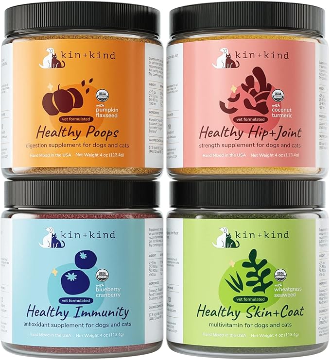 kin+kind Superfood Supplement Set for Dogs & Cats - Boost Immunity, Promotes Healthy Skin & Coat, Hip & Joint, Healthy Digestion - Made in USA - Superset (4 x 4 oz)
