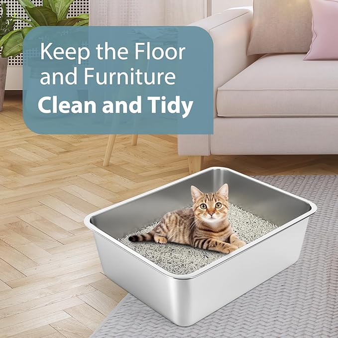 Stainless Steel Litter Box - Cat Litter Box Easy to Clean, Never Absorbs Odor, Stains, or Rusts - Silver (17.7" L x 13.5" W x 6" H)