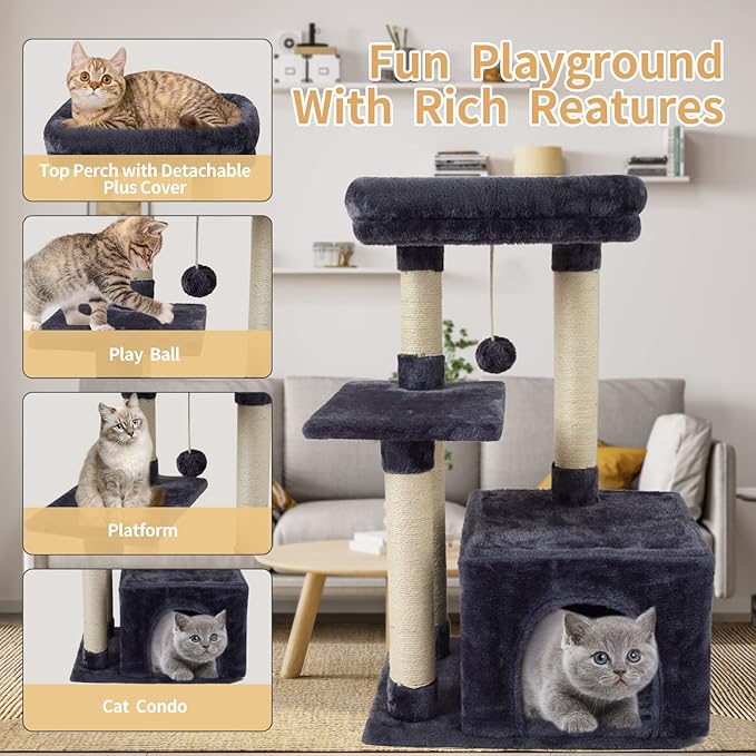 FISH&NAP Cute Cat Tree Kitten Cat Tower for Indoor Cat Condo Sisal Scratching Posts with Jump Platform Cat Furniture Activity Center Play House Smoky Grey