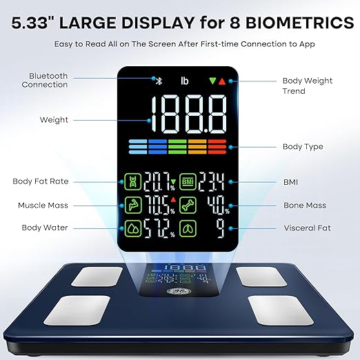 GE Scale for Body Weight Smart: Digital Bathroom Body Fat Scales 500lbs for BMI Muscle Bluetooth Smart Weight Monitor 11.8" Large Platform Weighing Machine Health Analyzer with App Dark Blue