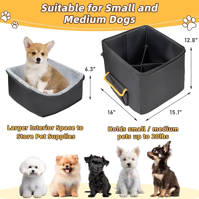 JJRING Dog Car Seat for Small Dogs, Pet Booster Seat, Elevated Dog Car Seat, Washable and Detachable Puppy Car Seat, Black