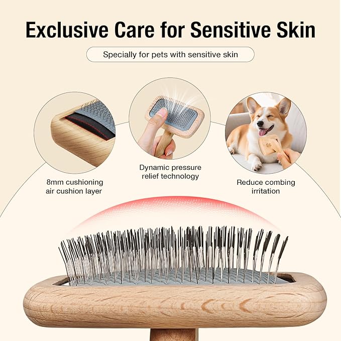 UTEE Slicker Brush for Medium Dog (Toy Poodles, Bichons & Cocker Spaniels) Gentle Grooming Tool with Stainless Steel Curved Pins & Ergonomic Beech Wood Handle — Ideal for Long or Thick Fur