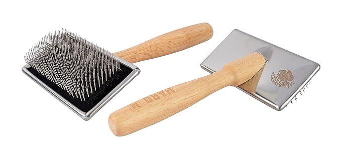 Wooden Slicker Brush - Stainless Steel Hard Pin Grooming Brush for Short-Haired Pets (Size L)