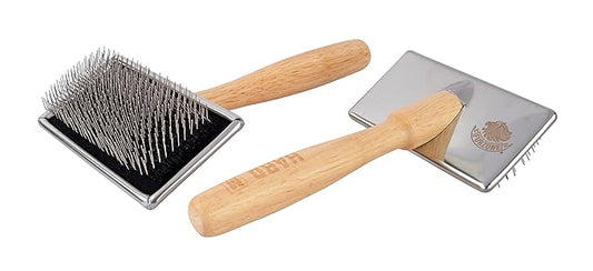Wooden Slicker Brush - Stainless Steel Hard Pin Grooming Brush for Short-Haired Pets (Size L)