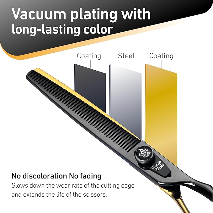 Fenice Peak 7'' Black Dog Grooming Scissors Goldern Thinning Dog Blending Scissors with Ergonomic Offest Handle and Pattern Screw Pet Grooming Thinner Blender Shears Durable and Sharp 440C