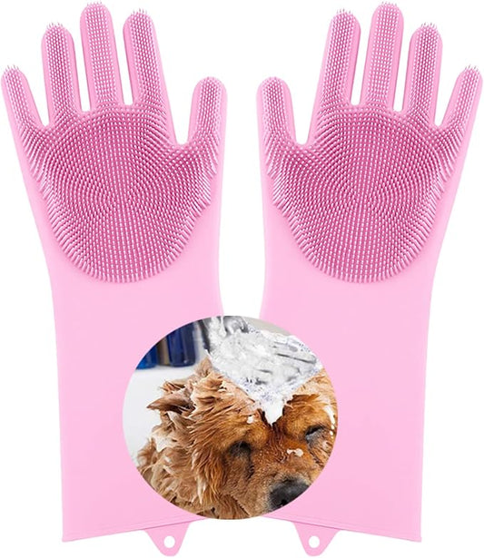1 pairs Silicone Dishwashing & Pet Grooming Gloves - 2-in-1 Heat Resistant Gloves with High-Density Teeth, Enhanced Five Finger Design for Bathing, Cleaning Dishes, Cars, Dogs & Cats (Pink)