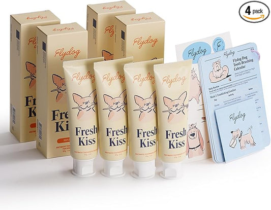 Fresh Kiss Enzymatic Dog Toothpaste All Flavors Set - Vet Approved Organic Fomula, Tartar Remover for Dogs, with Toothbrushing Calendar & Guide, Chicken & Coconut & Mint & Peanut Butter