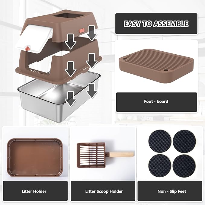 Stainless Steel Cat Litter Box with Lid Extra Large Open-Top Dual Entry Enclosed Metal Pan Tray with High Sides Pedal Scoop Non-Stick Anti-Leakage Easy Cleaning for Big Multi-Cat (Brown)
