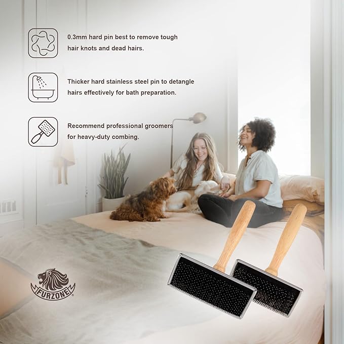 Wooden Slicker Brush - Stainless Steel Hard Pin Grooming Brush for Short-Haired Pets (Size L)