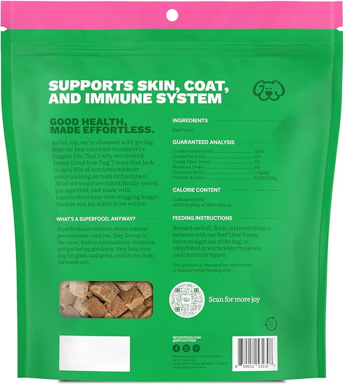 Get Joy Freeze Dried Superfood 100% Beef Liver Dog Treats, 16 Ounce Bag, Single Ingredient Organ Meat, High Protein, Vision, Skin & Coat Health, Muscle Repair, Grain Free, Gluten Free, Made in USA