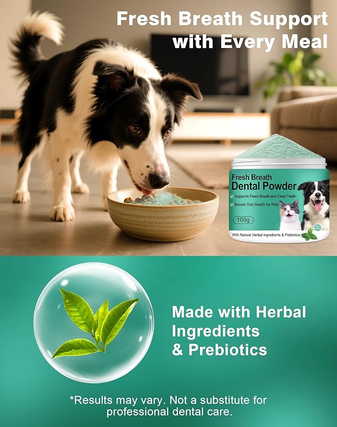 Koite Dog Teeth Cleaning Powder 100g Mint Fights Plaque & Tartar Freshens Breath All-Natural Ingredients for Dogs of All Breeds and Ages Easy to Use Dog Dental Powder E