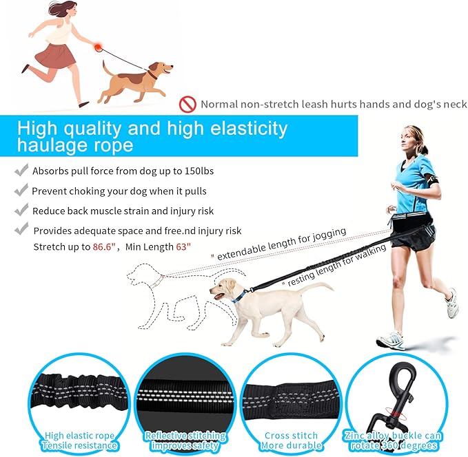 Hands Free Dog Leash with Pouch, Waist Leash for Dog Walking Bungee Leashs Reflective Dual Padded Handles, Running leashe for Dogs Large & Medium Dogs