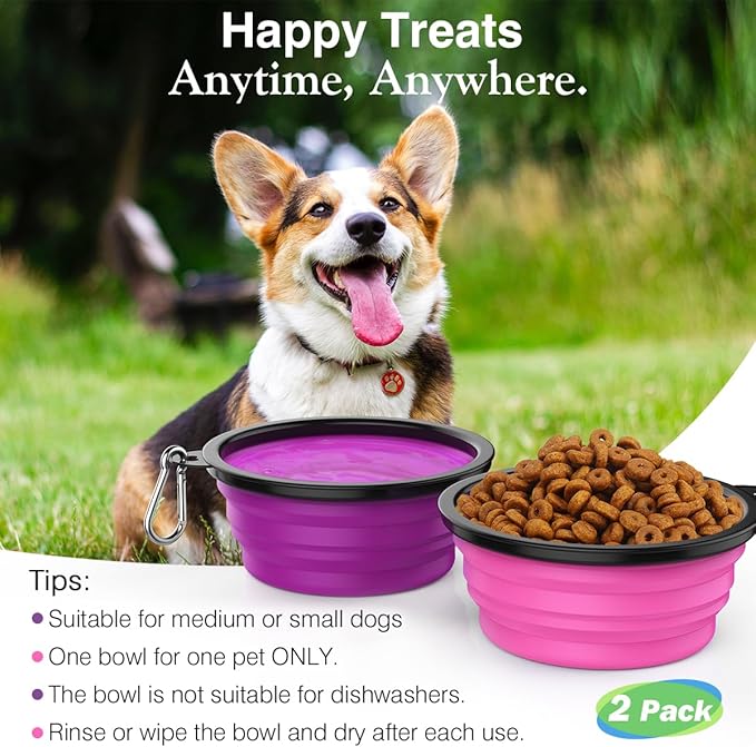 Pawaboo Collapsible Dog Bowls 2 Pack, Silicone Feeding Watering Bowls with Lids & Carabiners for Dogs Cats, Portable Water Feeder Food Bowl for Walking Traveling Home Use, Pink + Purple