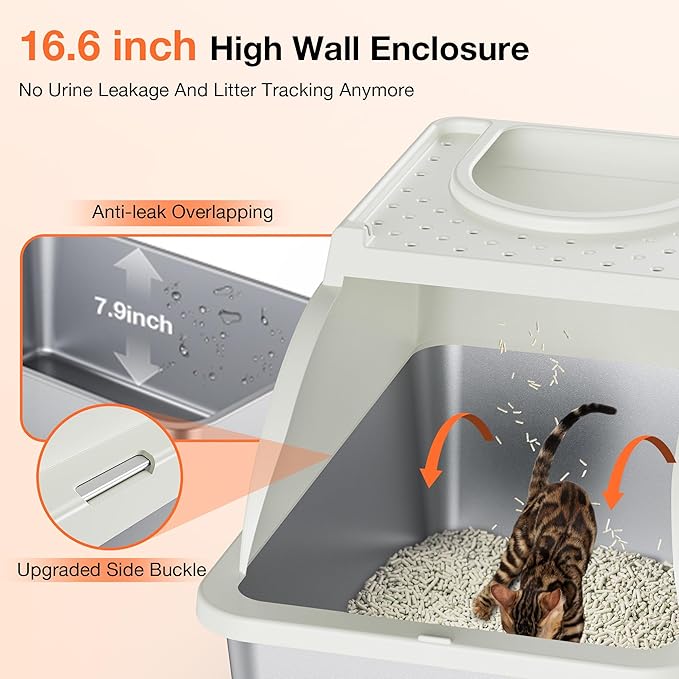 Stainless Steel Litter Box, XXL Large Metal Covered Litter Boxes, Dual Entrance Detachable Cat Litter Box with Lid, 16.6'' High Wall Urine Leak Prevention with Cat Litter Scoop (White)