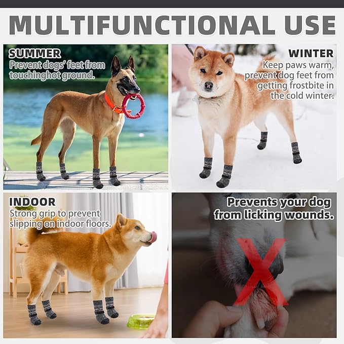 KOOLTAIL Dog Socks to Prevent Licking Paws for Hardwood Floors Anti Slip, Winter Warm Pet Boots&Paw Protector with Grippers, Double Sides Dog Shoes Booties for Small Medium Large Senior Dogs Grey XL