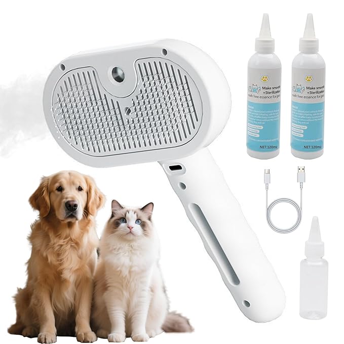 Pet Steam Brush for Dog & Cat,4-in-1 Spray Hair Removal Comb with Waterless Shampoo,Steam for Shedding & Grooming–Water Brush for Long & Short Haired Pets –Anti-Static & Skin-Friendly Design (White)