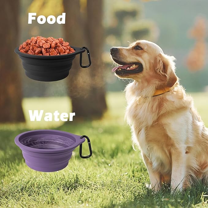 PetBonus 2-Pack Silicone Collapsible Dog Bowls, BPA Free Dishwasher Safe, Portable Foldable Expandable Travel Bowl, Food Water Feeding Cup Dish for Dogs Cats with 2 Carabiners (Black, Dark Purple)