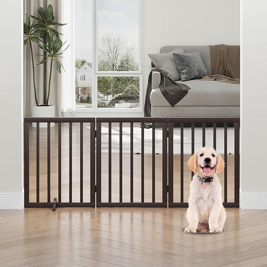Freestanding Foldable Dog Gate - Indoor Pet Gate with Metal Support Feet, Room Divider 3 Panels (Brown)