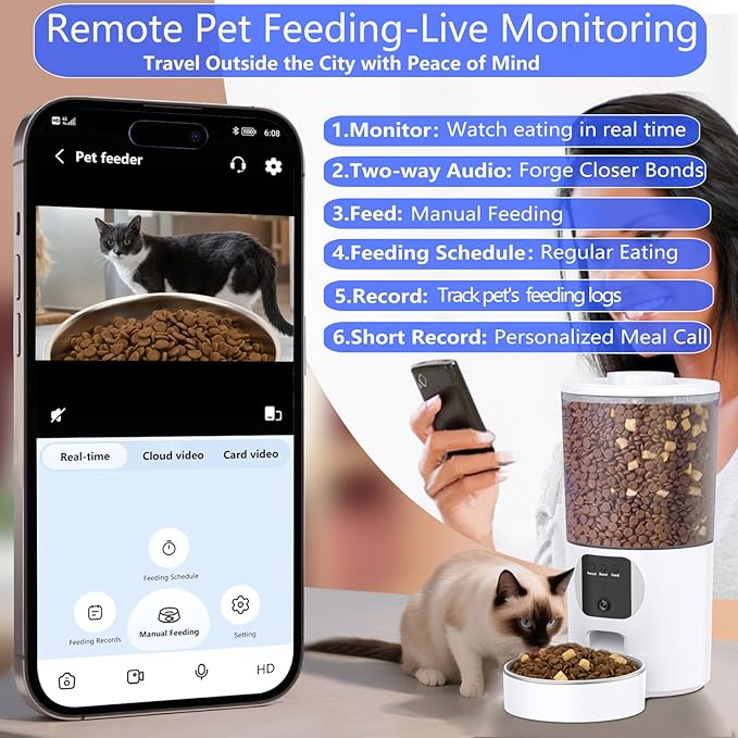 Automatic Cat Feeder with Camera and App, 6.5L 1080P HD Timed Pet Feeder, Automatic Dog Feeder with 2-Way Audio for Cats/Small Dogs, Cat Food Dispenser with Night Vision/Motion Alerts, WiFi 2.4G/5G