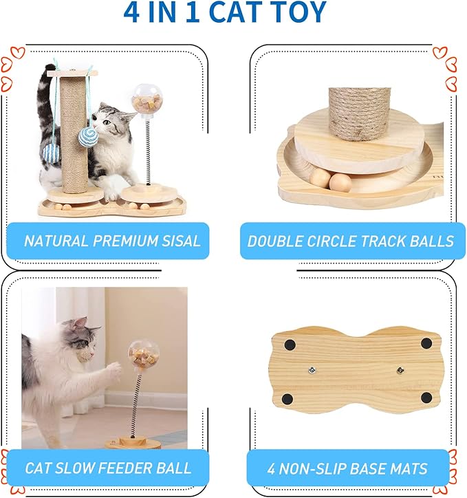 Marchul 4 in1 Interactive Cat Toy, Natural Sisal Cat Scratching Post with Hanging Balls, Cat Toys with Roller Track by Wooden, Kitten Food Feeder with Treat Ball for Indoor Kittens