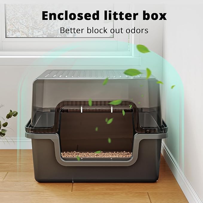 Oneluck Large Covered Cat Litter Box with Scoop and Transparent Lid, Non-Stick, Durable, Easy-Clean Pan for Multi-Cat Households,XL,Black