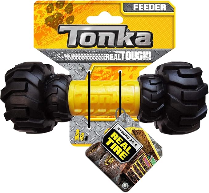 Tonka Three Dog Toy Gift Set - 3in Mega Ball, 7in Axle Tread with Insert Feeder, and 10.5in Rubber Flex Tread 3-Ring Tug - Yellow/Black