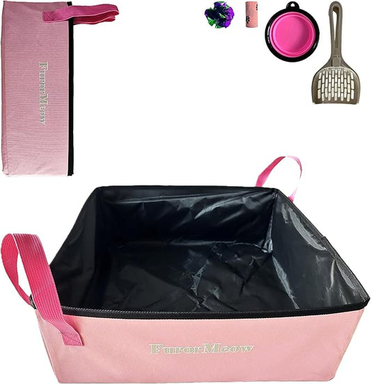 Pink Portable Cat Litter Box, Firm Waterproof Foldable for Travelling for Cats, Including Crinkle Ball, Poop Bags, Foldable Bowl and Scoop, 15.8x15.8x5.9 inches