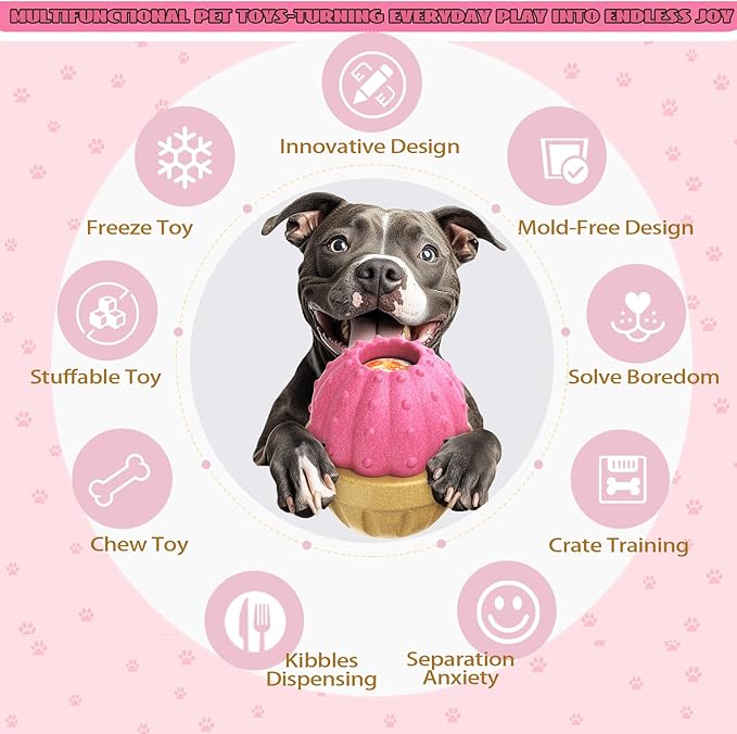 Interactive Dog Toys, Frozen Treat Dispensing for Aggressive Chewers, Indestructible Nylon Chew Toy, Slow Puzzle Feeder for Healthy Eating, for Small Medium Large Breed to Keep Them Busy, Pink