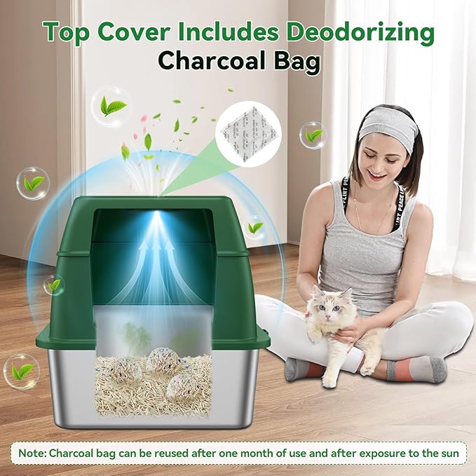 Stainless Steel Litter Box with Lid, Cat Litter Box Enclosure XL Odor-Proof with Litter Mat, Covered Litter Box Rust-Resistant Durable for Big Cat, Easy Clean 37L Capacity (Green)