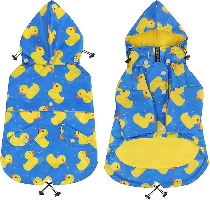 HDE Dog Raincoat Poncho Double Layer Zip Rain Jacket with Removable Hood, Leash Hole for Small to 3XL Dogs and Puppies Ducks Blue - S