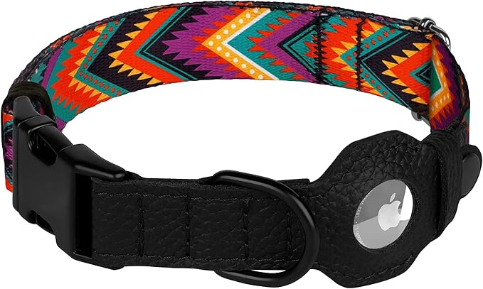 AirTag Dog Collar with Metal Buckle - Soft Leather Printed Nylon Dog Collar with Apple AirTag Holder - Cute Tracking GPS Pet Collars for Girl Boy Small Large Dogs (M, 14"-18" Neck Fit, Arrows)