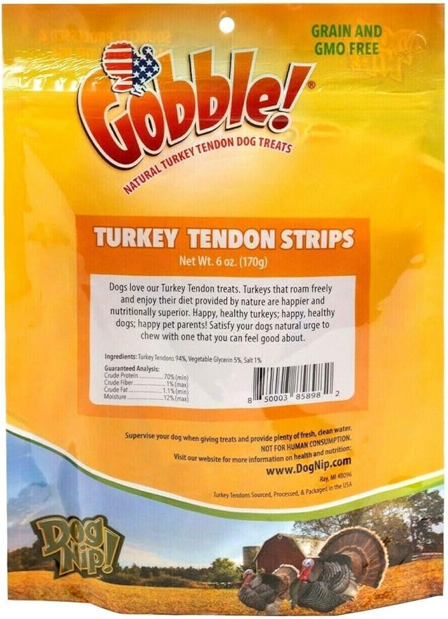Gobble! 6-Inch Turkey Tendon Strips for Dogs, 6 oz. (170g) Reseal Value Bag, Made in USA, All-Natural Hypoallergenic Dog Chew Treat | Sourced, Processed & Packaged in The USA | (45-50 Pieces)