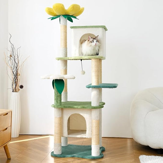 HYABi 64.5-Inch Cute Avocado Flower Large Tall Garden Cat Tree Tower Condo House Furniture Bed Plush Ball Activity Platform Multi-Level with Scratching Posts for Indoor Cats Play