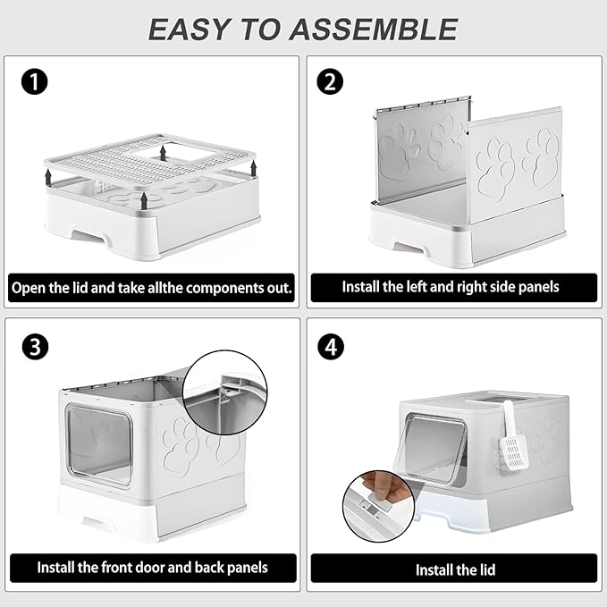 Upgrade Portable Litter Box, Top Entry Cat Box with Lid, No Leakage Kitty Box with Scoop and Mat, Easy Cleaning Cat Box Enclosure (Grey)