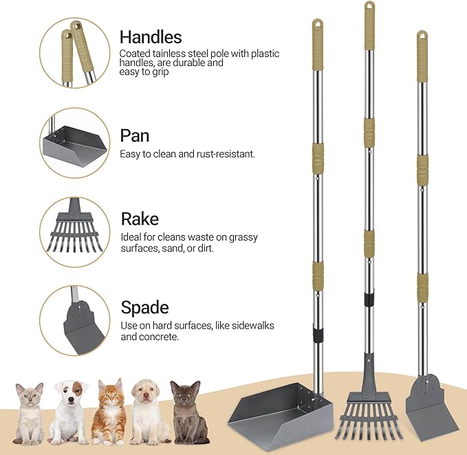 Heeyoo Dog Pooper Scooper, Dog Poop Tray and Rake Set, Pet Waste Removal Scoop with Long Adjustable Sectional Stainless Handles