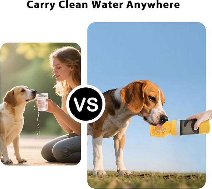 2-in-1 Pet Travel Water Bottle & Food Container - 14 oz Water + 6 oz Food Dispenser, Leak-Proof Portable Dog Water Bottle Bowl for Walking, Hiking, Camping Yellow