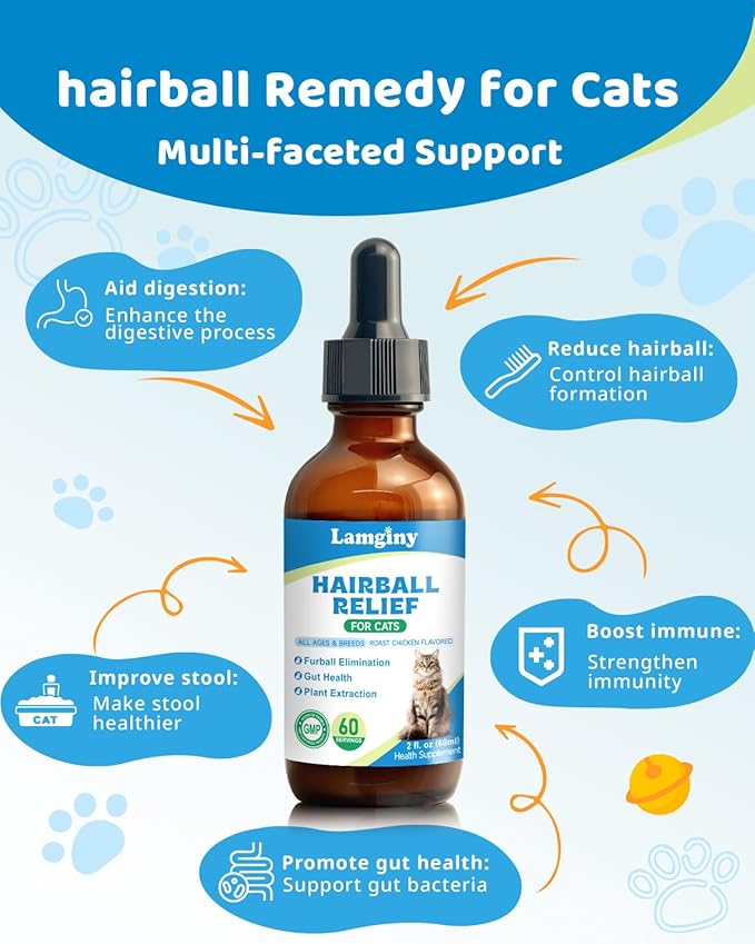Hairball Relief for Cats - Cat Hairball Remedy for Digestive Health Aid, Immune Support, Skin Coat Support, Furball Control with Psyllium Husk, Pumpkin Fiber, Omega-3, Enzyme, Vitamin, 60ml