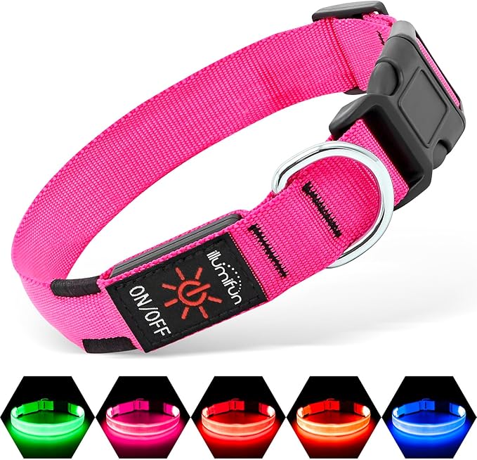 Illumifun LED Dog Collar USB Rechargeable Light Up Dog Collars Glow in The Dark, Adjustable Safety Collar Lights for Dogs Walking Camping at Night (Pink, Medium)