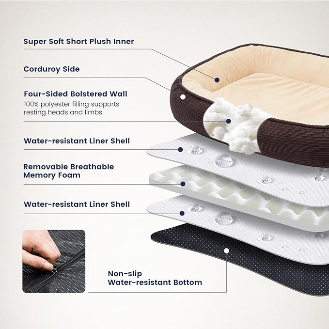 Orthopedic Dog Bed for Medium Size Dog Washable Cover, Egg Crate Foam Cat Bed for Senior Cat,Oval Kennel Bed, Pet Couch Bed with Four Sided Bolster, Removable Washable Cover Non-Slip Bottom, Brown