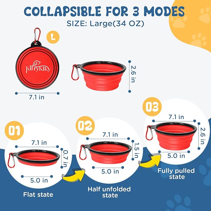 Large Collapsible Dog Bowls, 2 Pack 34oz Portable Travel Dog Bowls, Foldable Water Bowl for Dogs, Pet Feeding Watering Dish with Carabiner, Food Grade Silicone BPA Free(Red+Black, L)